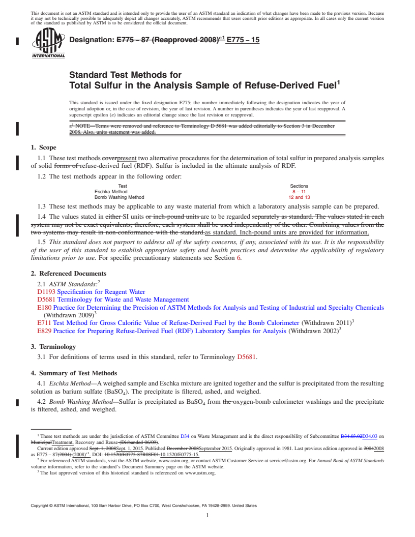 REDLINE ASTM E775-15 - Standard Test Methods for  Total Sulfur in the Analysis Sample of Refuse-Derived Fuel