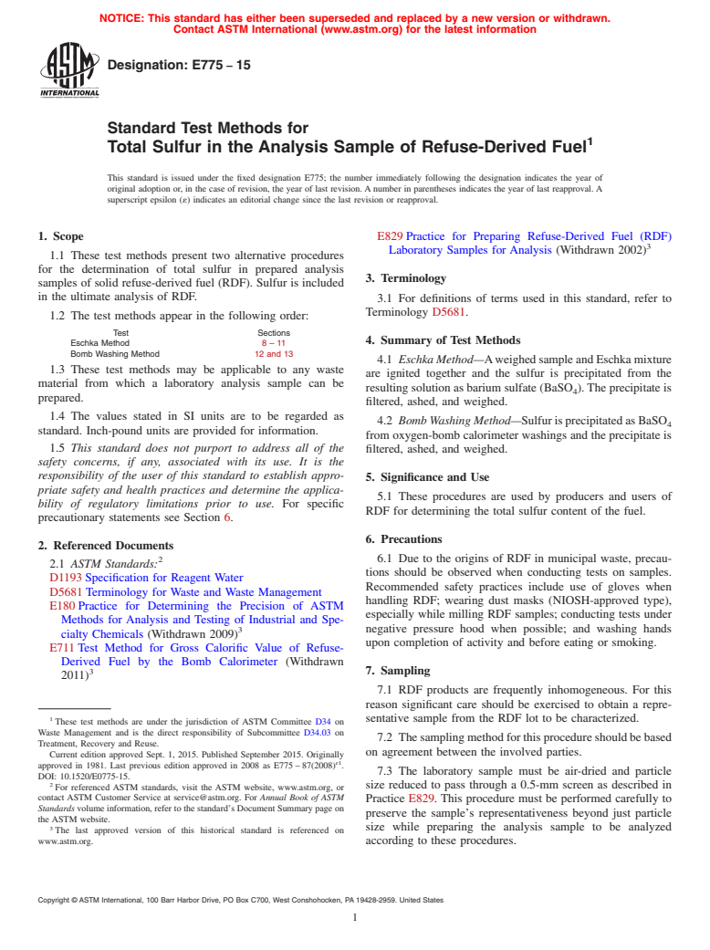 ASTM E775-15 - Standard Test Methods for  Total Sulfur in the Analysis Sample of Refuse-Derived Fuel