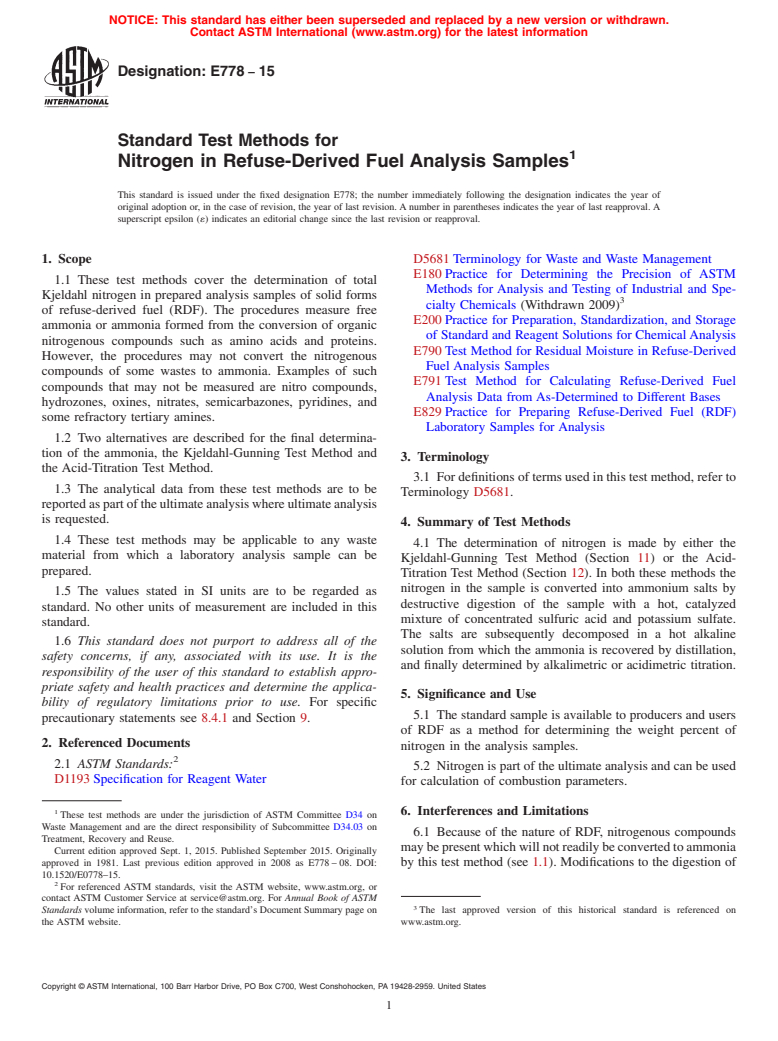 ASTM E778-15 - Standard Test Methods for  Nitrogen in Refuse-Derived Fuel Analysis Samples