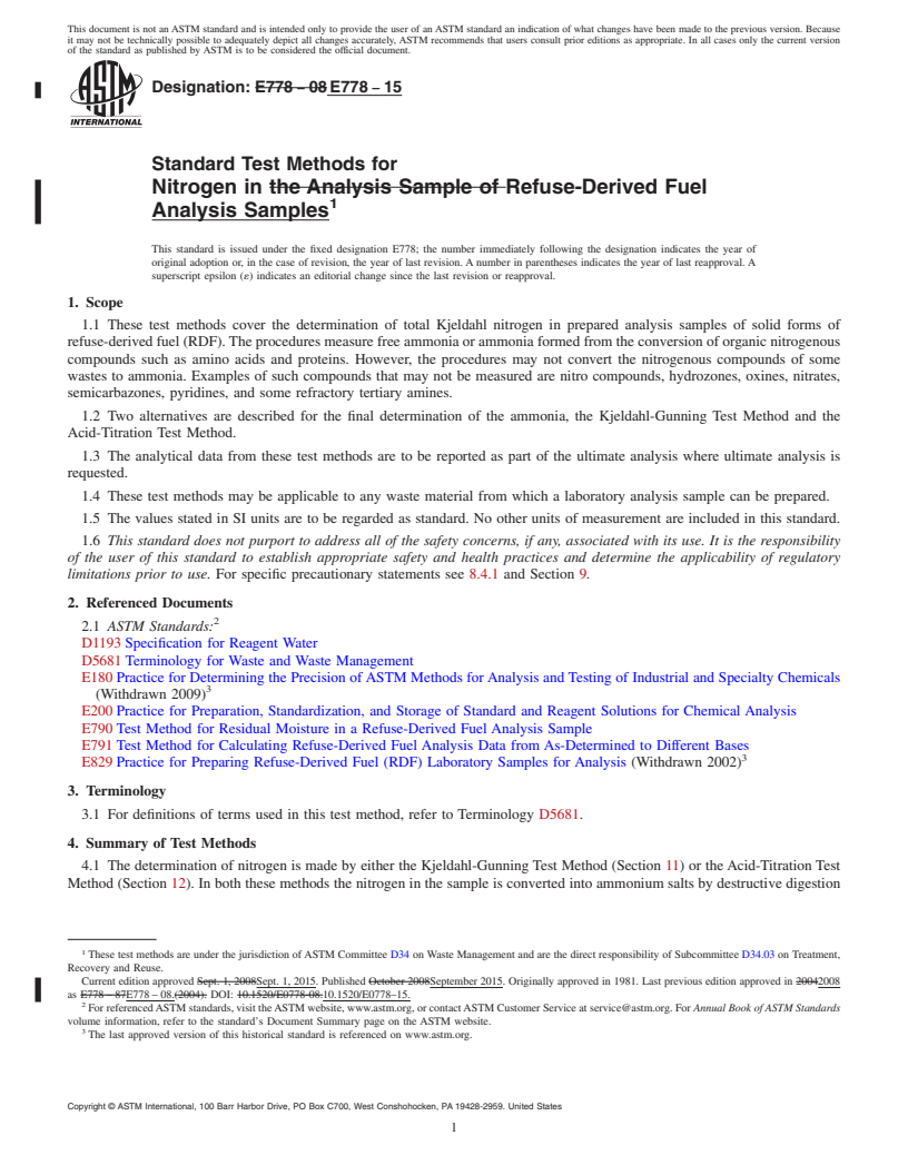 REDLINE ASTM E778-15 - Standard Test Methods for  Nitrogen in Refuse-Derived Fuel Analysis Samples