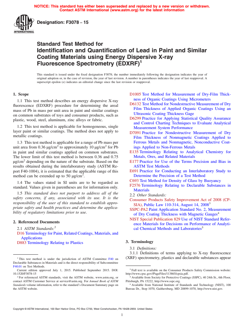 ASTM F3078-15 - Standard Test Method for Identification and Quantification of Lead in Paint and Similar  Coating Materials using Energy Dispersive X-ray Fluorescence Spectrometry  (EDXRF)