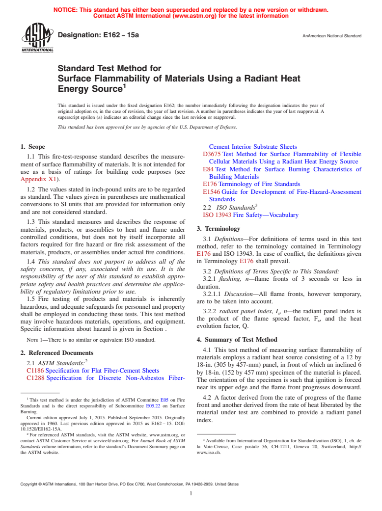 ASTM E162-15a - Standard Test Method for  Surface Flammability of Materials Using a Radiant Heat Energy  Source