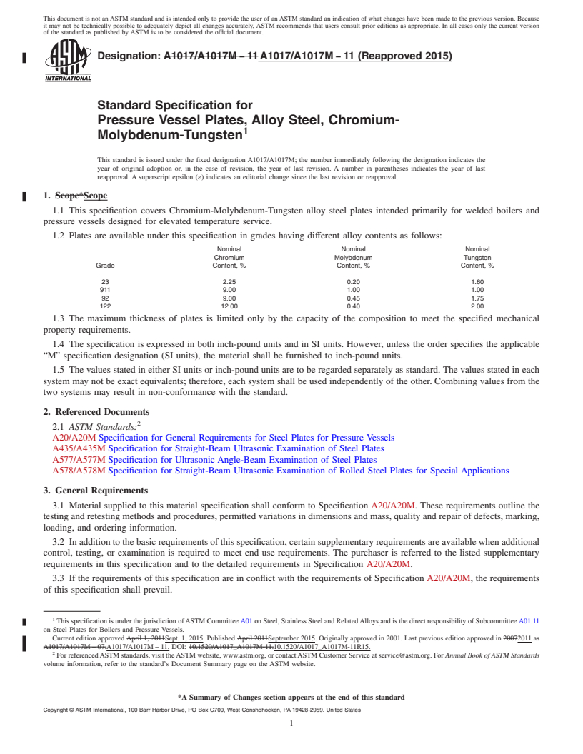 REDLINE ASTM A1017/A1017M-11(2015) - Standard Specification for  Pressure Vessel Plates, Alloy Steel, Chromium-Molybdenum-Tungsten