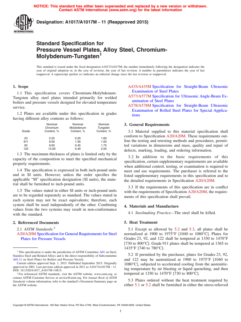 ASTM A1017/A1017M-11(2015) - Standard Specification for  Pressure Vessel Plates, Alloy Steel, Chromium-Molybdenum-Tungsten