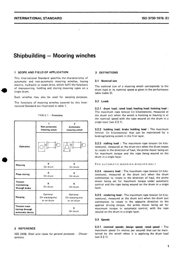 ISO 3730:1976 - Shipbuilding -- Mooring winches