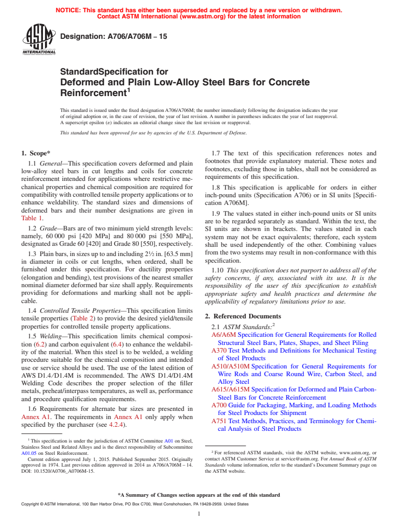 ASTM A706/A706M-15 - Standard Specification for  Deformed and Plain Low-Alloy Steel Bars for Concrete Reinforcement