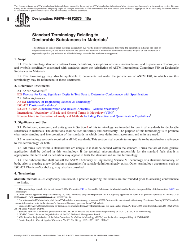 REDLINE ASTM F2576-15a - Standard Terminology Relating to  Declarable Substances in Materials