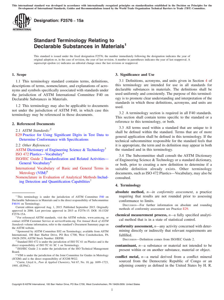 ASTM F2576-15a - Standard Terminology Relating to  Declarable Substances in Materials