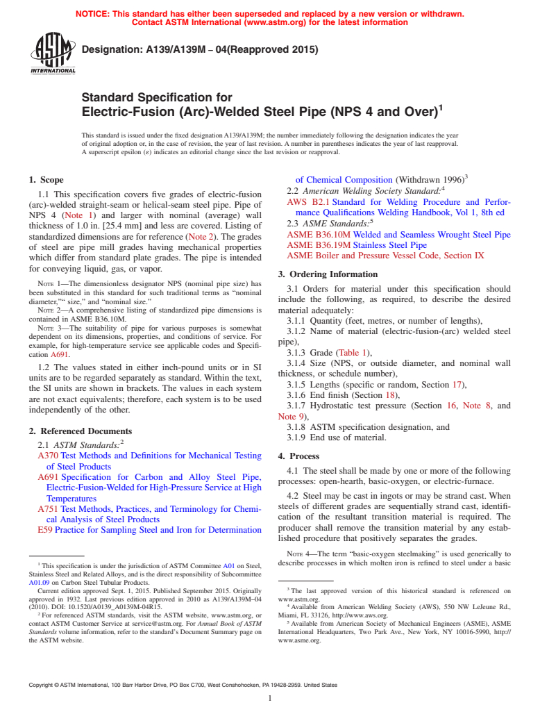 ASTM A139/A139M-04(2015) - Standard Specification for  Electric-Fusion (Arc)-Welded Steel Pipe (NPS 4 and Over)