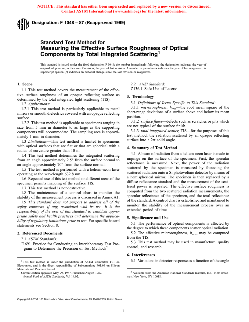 ASTM F1048-87(1999) - Standard Test Method for Measuring the Effective Surface Roughness of Optical Components by Total Integrated Scattering (Withdrawn 2003)