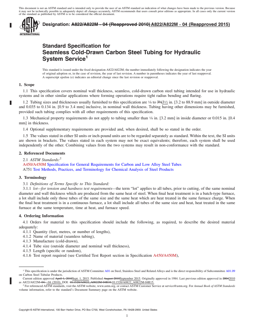 REDLINE ASTM A822/A822M-04(2015) - Standard Specification for  Seamless Cold-Drawn Carbon Steel Tubing for Hydraulic System   Service
