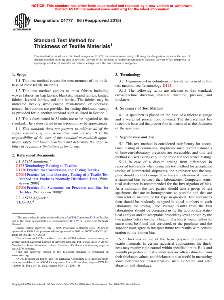 ASTM D1777-96(2015) - Standard Test Method for  Thickness of Textile Materials