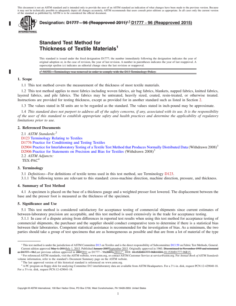 REDLINE ASTM D1777-96(2015) - Standard Test Method for  Thickness of Textile Materials