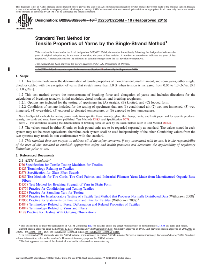 REDLINE ASTM D2256/D2256M-10(2015) - Standard Test Method for  Tensile Properties of Yarns by the Single-Strand Method