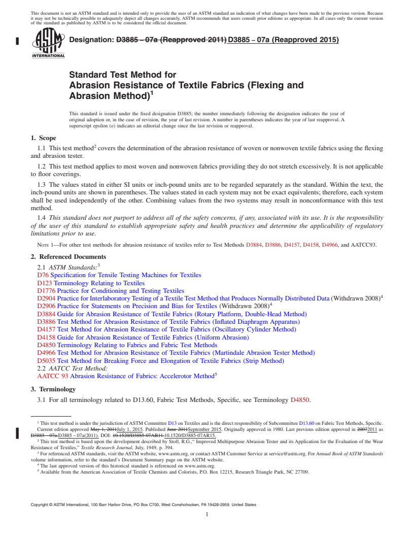 REDLINE ASTM D3885-07a(2015) - Standard Test Method for  Abrasion Resistance of Textile Fabrics (Flexing and Abrasion  Method)