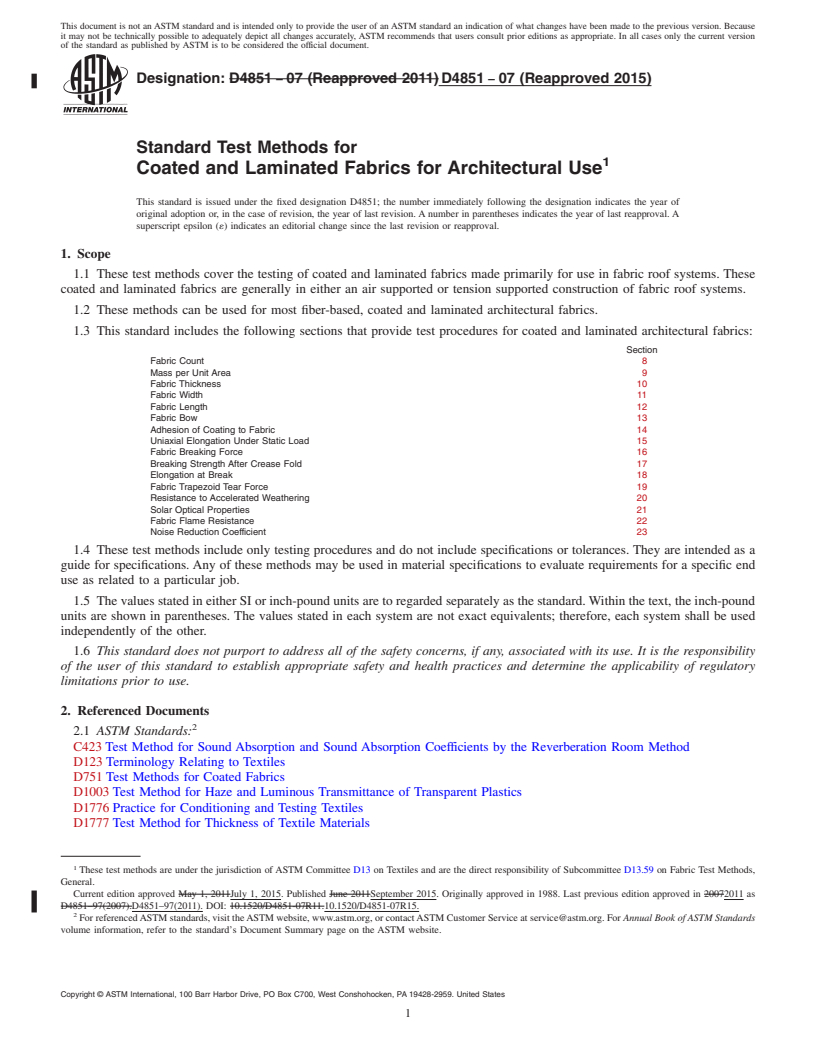 REDLINE ASTM D4851-07(2015) - Standard Test Methods for  Coated and Laminated Fabrics for Architectural Use