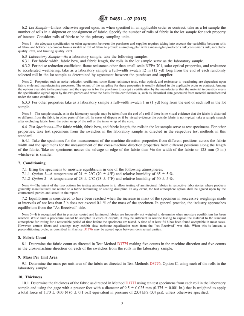 REDLINE ASTM D4851-07(2015) - Standard Test Methods for  Coated and Laminated Fabrics for Architectural Use