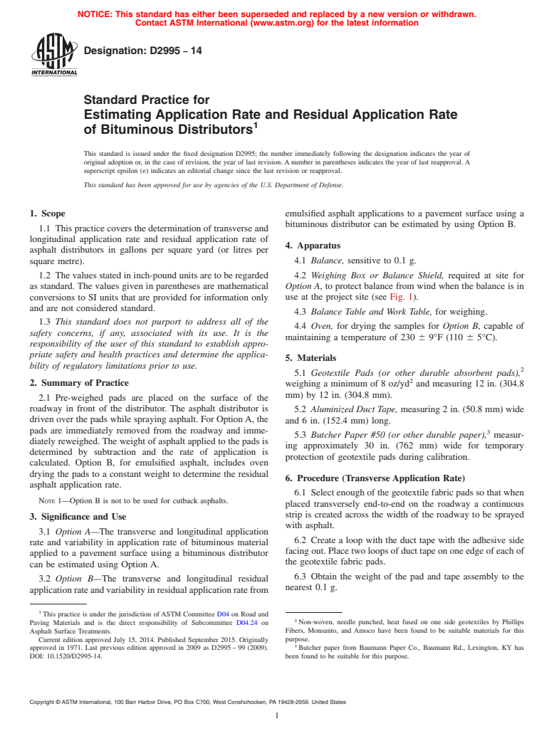 ASTM D2995-14 - Standard Practice for Estimating Application Rate and Residual Application Rate of  Bituminous Distributors (Withdrawn 2023)