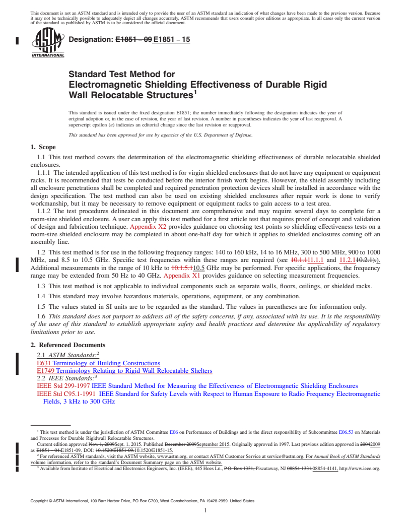REDLINE ASTM E1851-15 - Standard Test Method for Electromagnetic Shielding Effectiveness of Durable Rigid Wall  Relocatable Structures