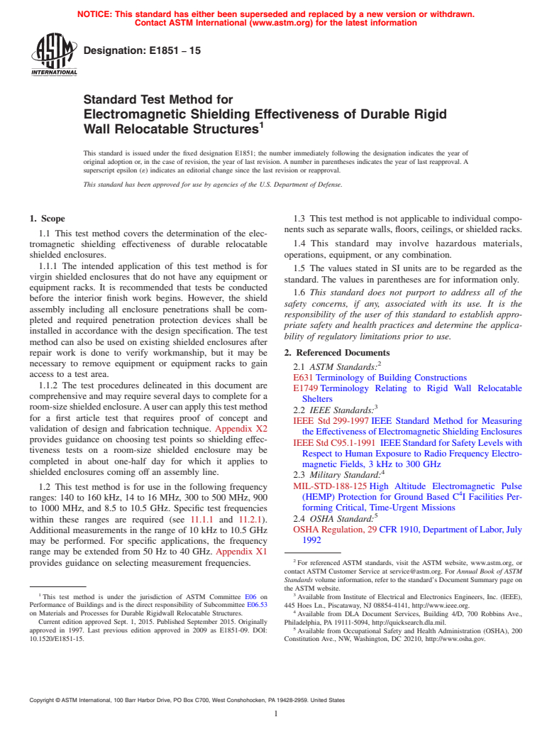 ASTM E1851-15 - Standard Test Method for Electromagnetic Shielding Effectiveness of Durable Rigid Wall  Relocatable Structures