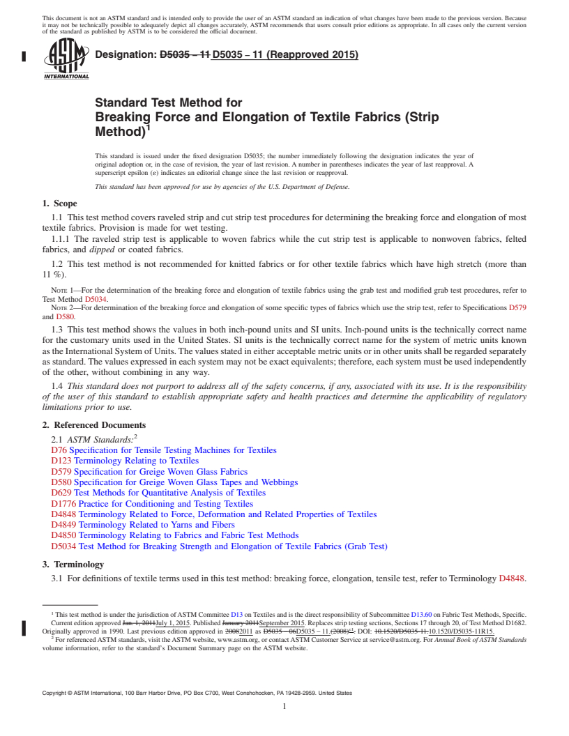 REDLINE ASTM D5035-11(2015) - Standard Test Method for  Breaking Force and Elongation of Textile Fabrics (Strip Method)