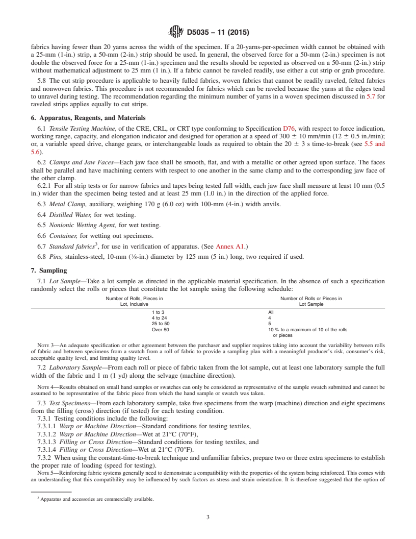 REDLINE ASTM D5035-11(2015) - Standard Test Method for  Breaking Force and Elongation of Textile Fabrics (Strip Method)