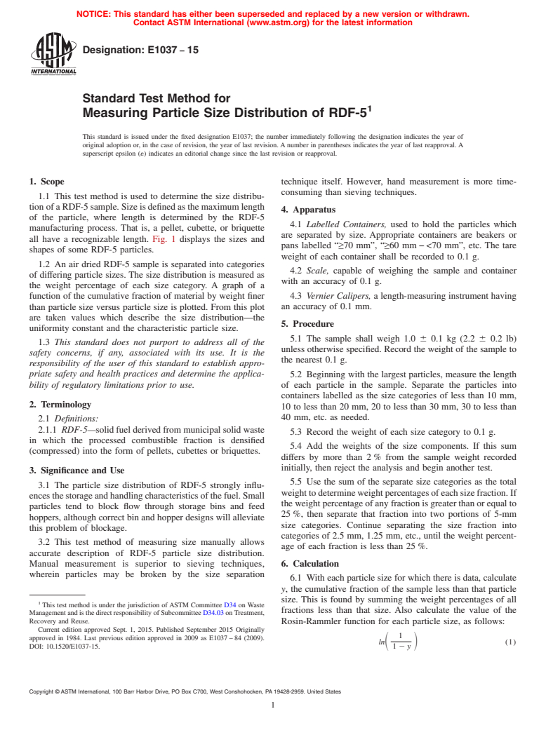 ASTM E1037-15 - Standard Test Method for  Measuring Particle Size Distribution of RDF-5