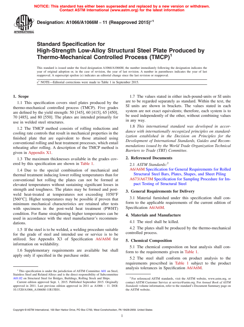 ASTM A1066/A1066M-11(2015)e1 - Standard Specification for  High-Strength Low-Alloy Structural Steel Plate Produced by  Thermo-Mechanical Controlled Process (TMCP)