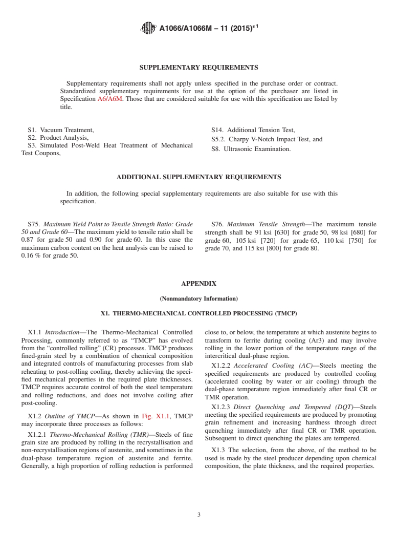 ASTM A1066/A1066M-11(2015)e1 - Standard Specification for  High-Strength Low-Alloy Structural Steel Plate Produced by  Thermo-Mechanical Controlled Process (TMCP)