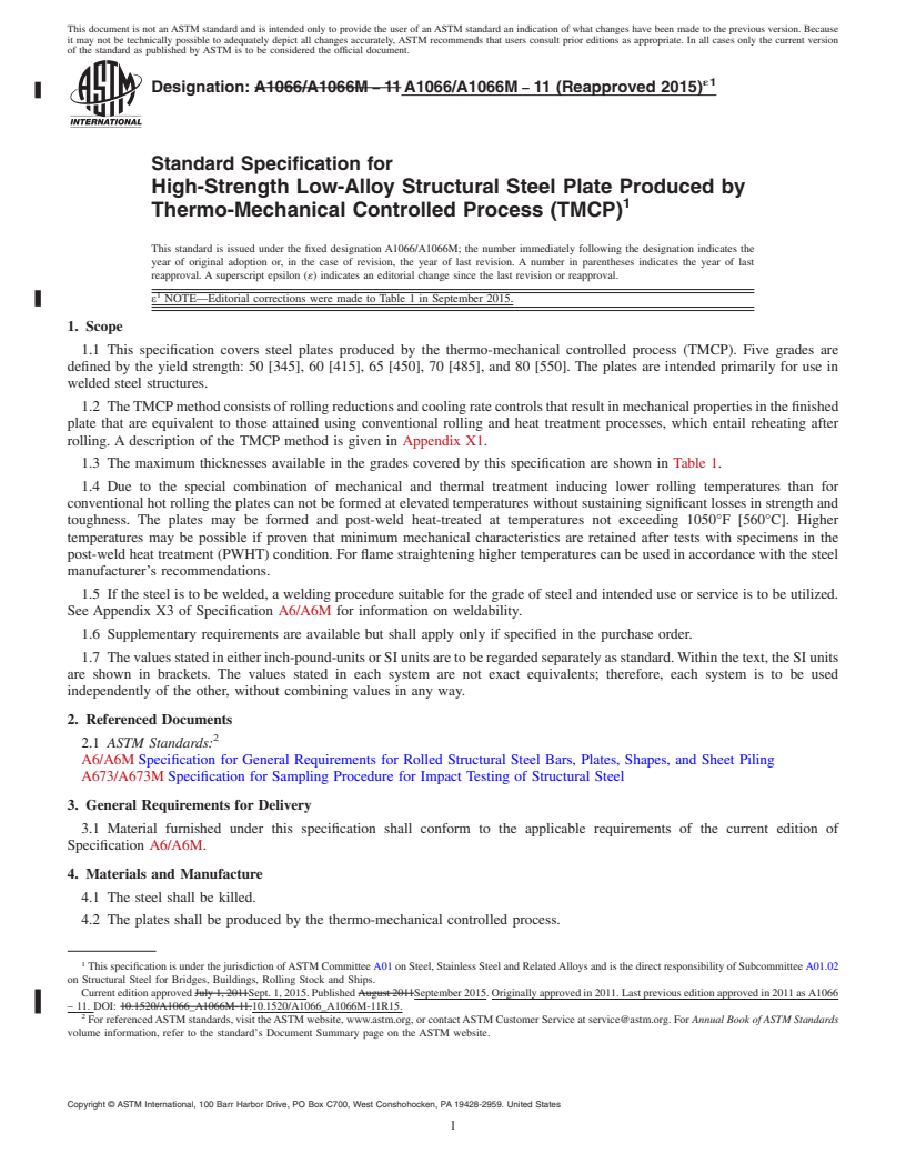 REDLINE ASTM A1066/A1066M-11(2015)e1 - Standard Specification for  High-Strength Low-Alloy Structural Steel Plate Produced by  Thermo-Mechanical Controlled Process (TMCP)