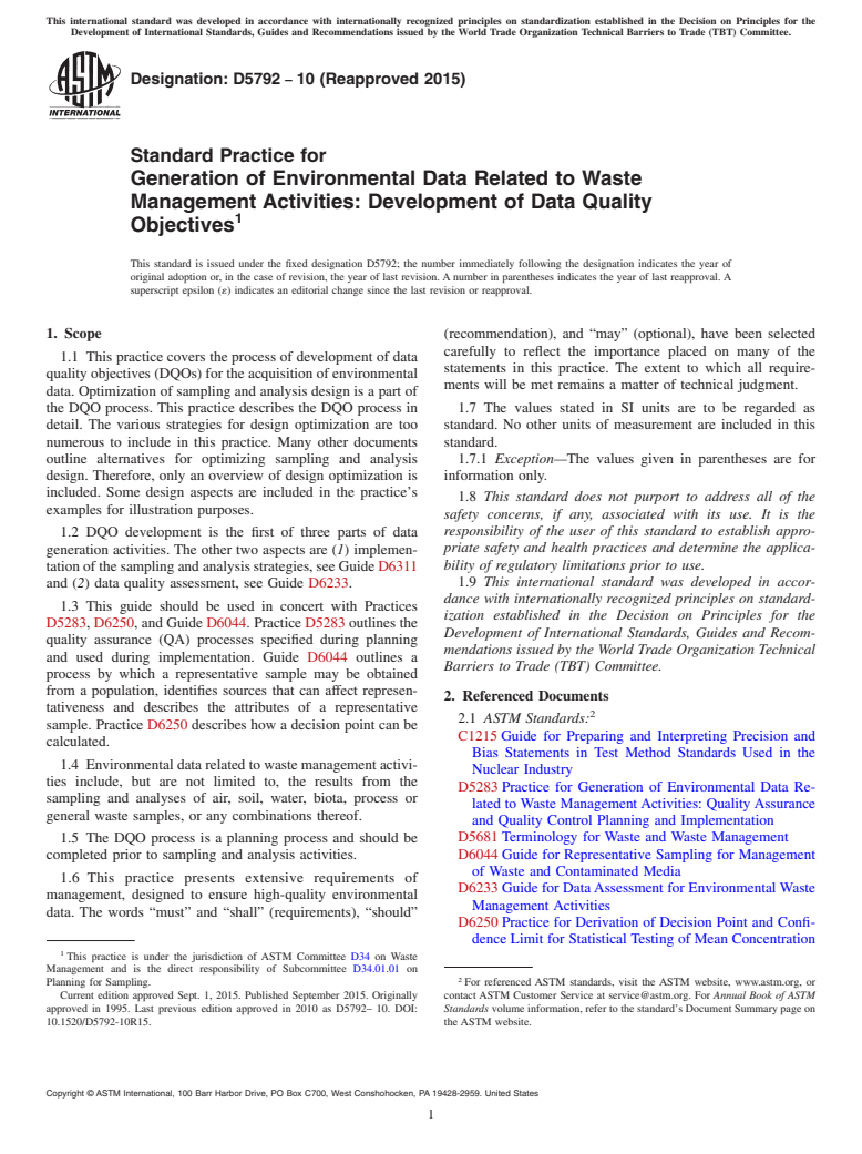 ASTM D5792-10(2015) - Standard Practice for  Generation of Environmental Data Related to Waste Management  Activities: Development of Data Quality Objectives