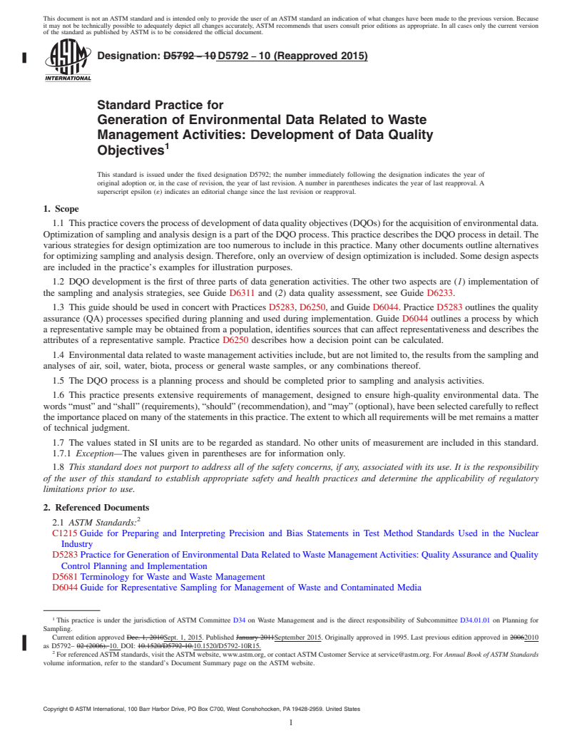 REDLINE ASTM D5792-10(2015) - Standard Practice for  Generation of Environmental Data Related to Waste Management  Activities: Development of Data Quality Objectives