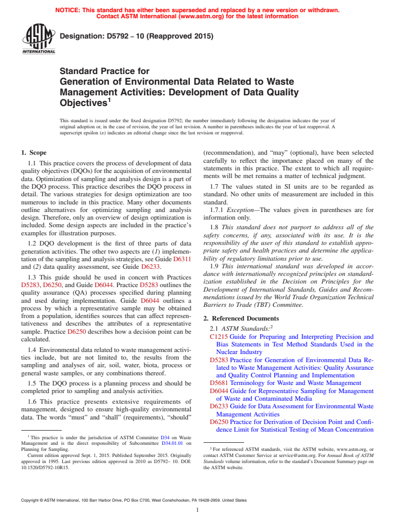 ASTM D5792-10(2015) - Standard Practice for  Generation of Environmental Data Related to Waste Management  Activities: Development of Data Quality Objectives