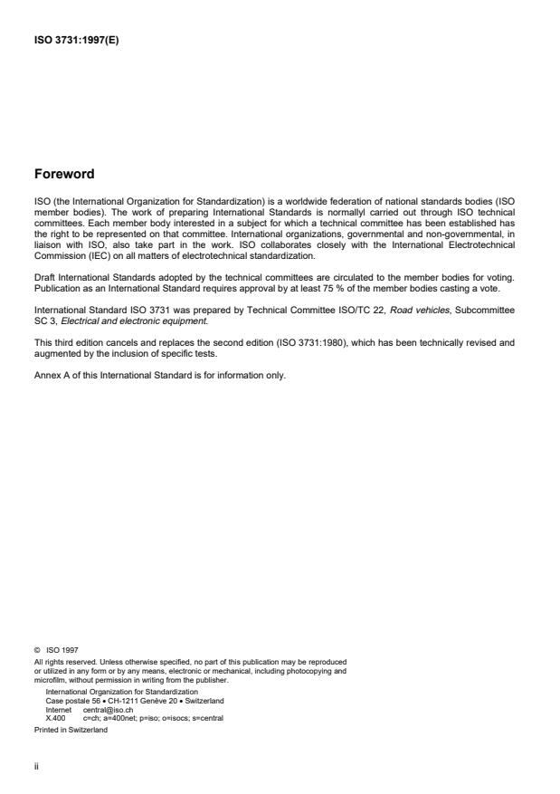 ISO 3731:1997 ISO 3731:1997 - Road vehicles -- Electrical connections between towing and towed vehicles with 24 V systems -- 7 pole connector type 24 S (supplementary) - Page 2 preview