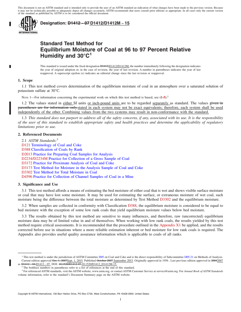 REDLINE ASTM D1412/D1412M-15 - Standard Test Method for  Equilibrium Moisture of Coal at 96 to 97 Percent Relative Humidity  and 30&#xb0;C