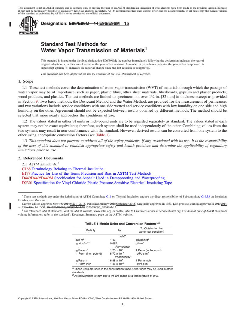 REDLINE ASTM E96/E96M-15 - Standard Test Methods for Water Vapor Transmission of Materials