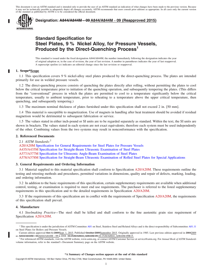 REDLINE ASTM A844/A844M-09(2015) - Standard Specification for  Steel Plates, 9&#x2009;%&#x2009; Nickel Alloy, for Pressure  Vessels, Produced by the Direct-Quenching Process