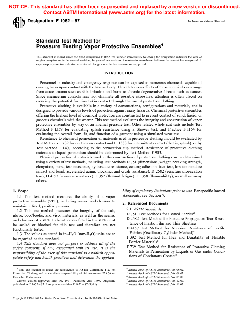 ASTM F1052-97 - Standard Test Method for Pressure Testing Vapor Protective Ensembles