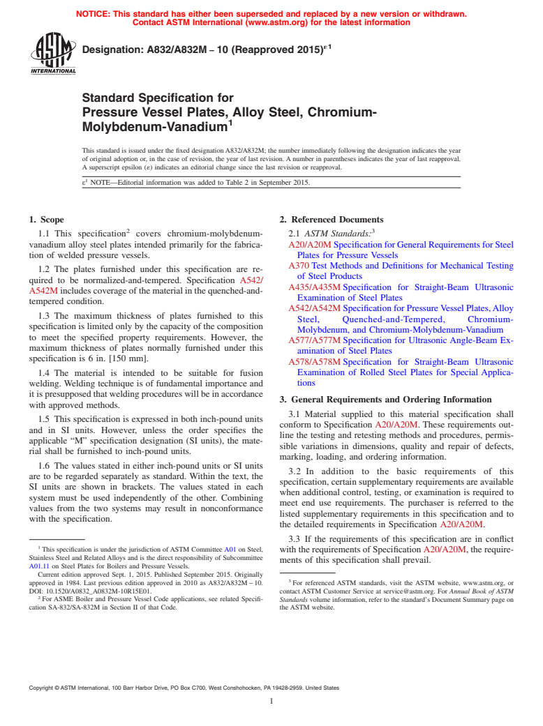 ASTM A832/A832M-10(2015)e1 - Standard Specification for  Pressure Vessel Plates, Alloy Steel, Chromium-Molybdenum-Vanadium