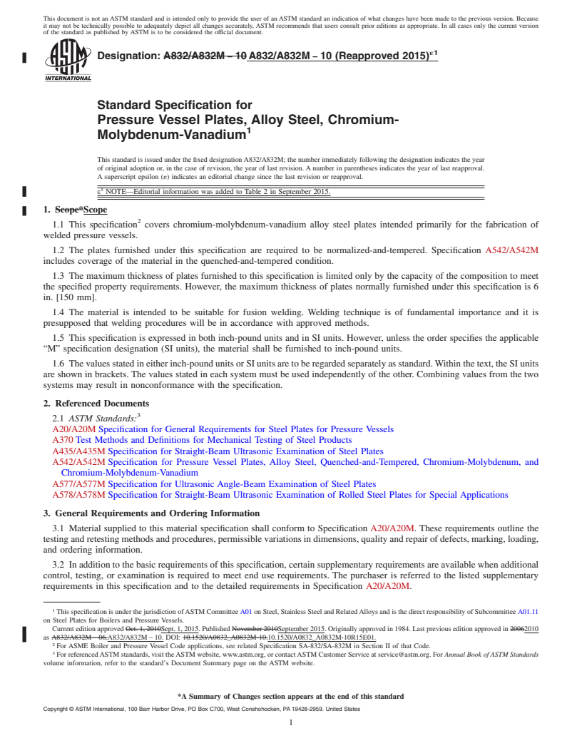 REDLINE ASTM A832/A832M-10(2015)e1 - Standard Specification for  Pressure Vessel Plates, Alloy Steel, Chromium-Molybdenum-Vanadium