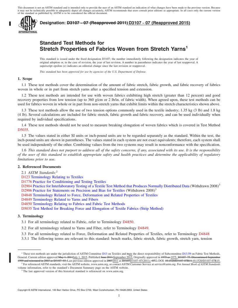 REDLINE ASTM D3107-07(2015) - Standard Test Methods for  Stretch Properties of Fabrics Woven from Stretch Yarns