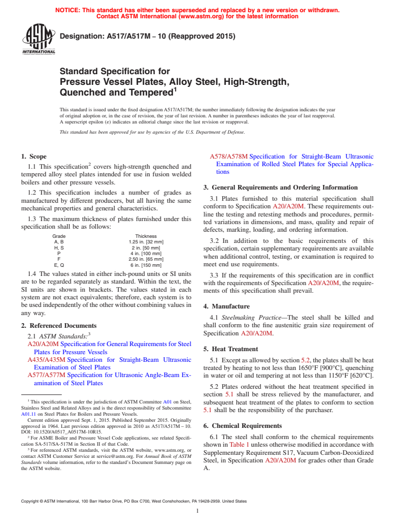 ASTM A517/A517M-10(2015) - Standard Specification for  Pressure Vessel Plates, Alloy Steel, High-Strength, Quenched  and Tempered