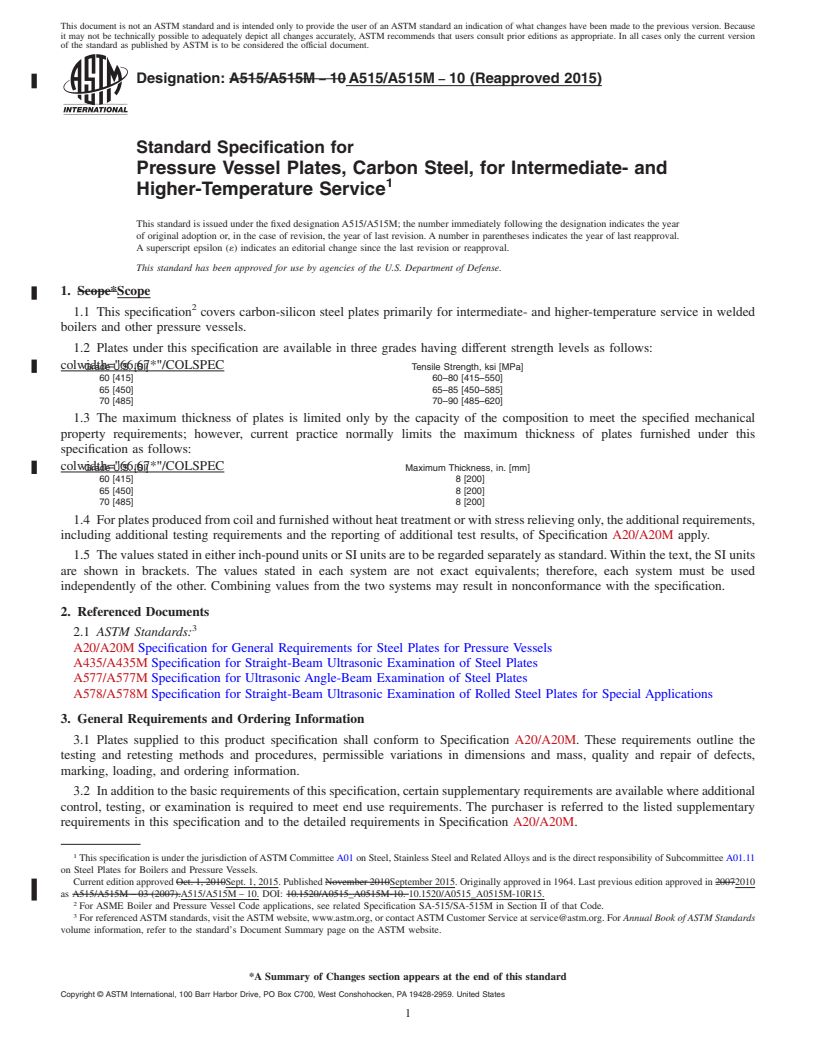 REDLINE ASTM A515/A515M-10(2015) - Standard Specification for  Pressure Vessel Plates, Carbon Steel, for Intermediate- and  Higher-Temperature Service