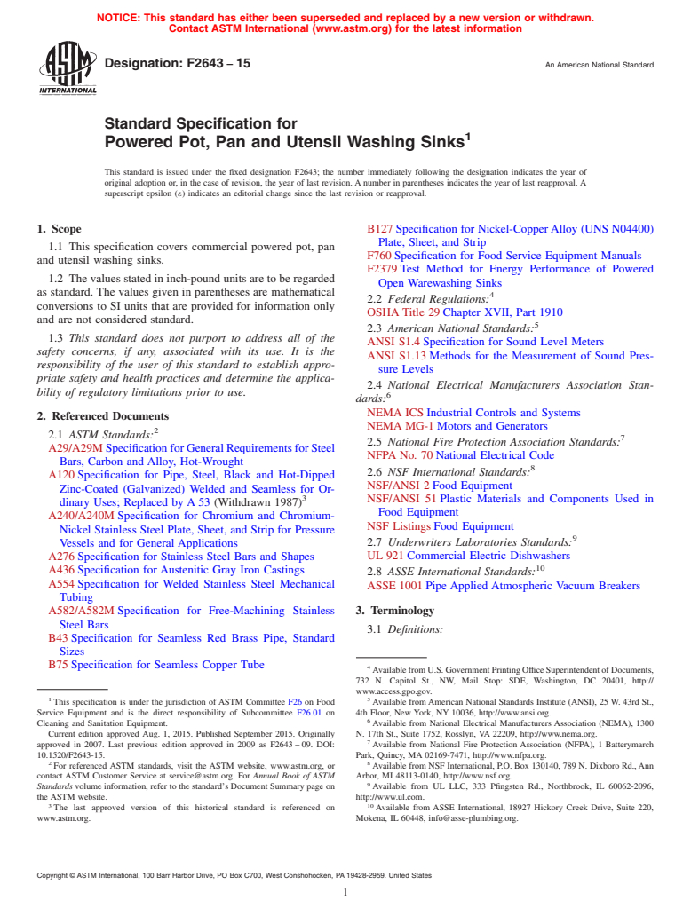 ASTM F2643-15 - Standard Specification for  Powered Pot, Pan and Utensil Washing Sinks