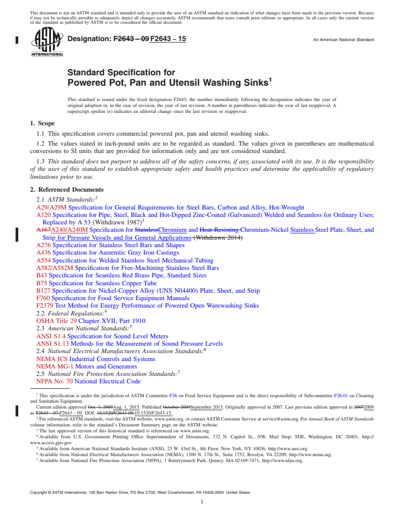 REDLINE ASTM F2643-15 - Standard Specification for  Powered Pot, Pan and Utensil Washing Sinks