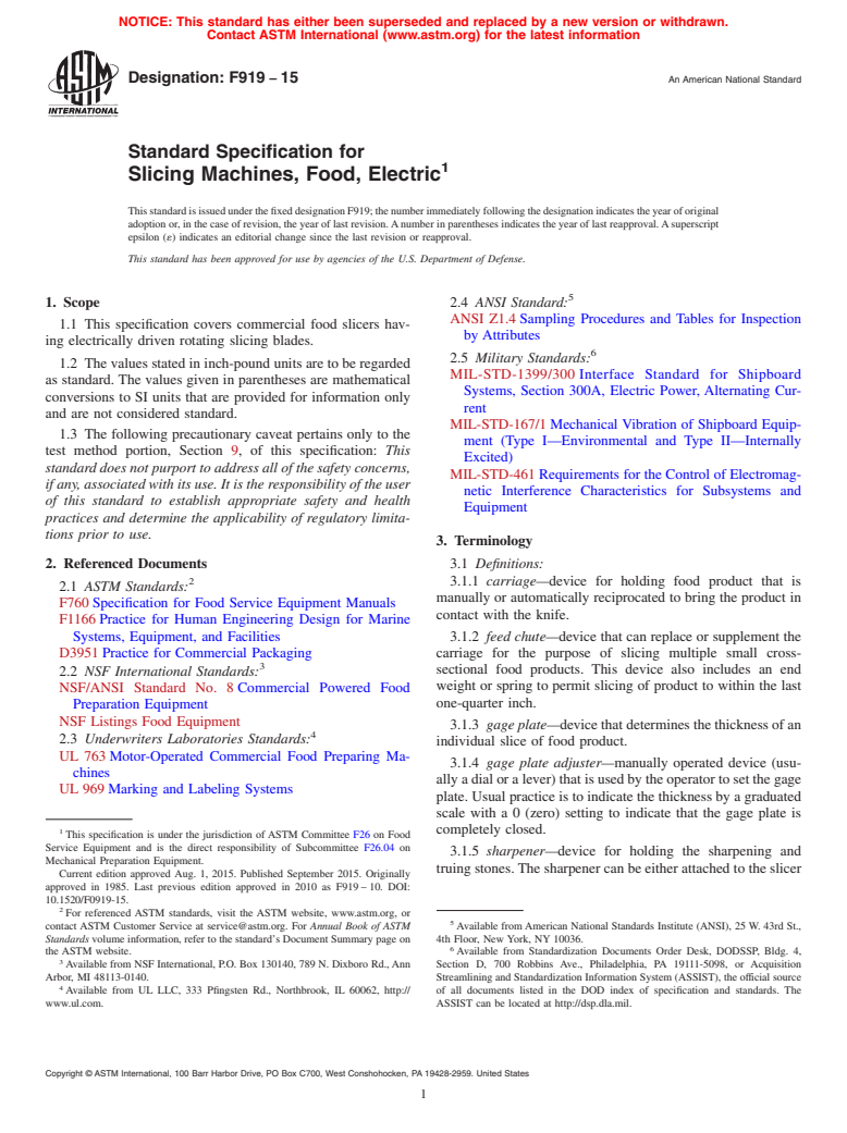 ASTM F919-15 - Standard Specification for  Slicing Machines, Food, Electric