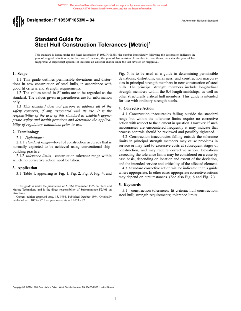 ASTM F1053/F1053M-94 - Standard Guide for Steel Hull Construction Tolerances [Metric] (Withdrawn 2003)