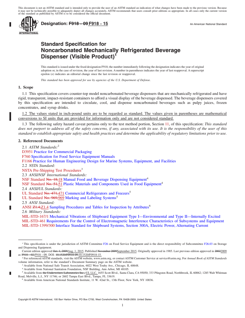 REDLINE ASTM F918-15 - Standard Specification for Noncarbonated Mechanically Refrigerated Beverage Dispenser  (Visible Product)