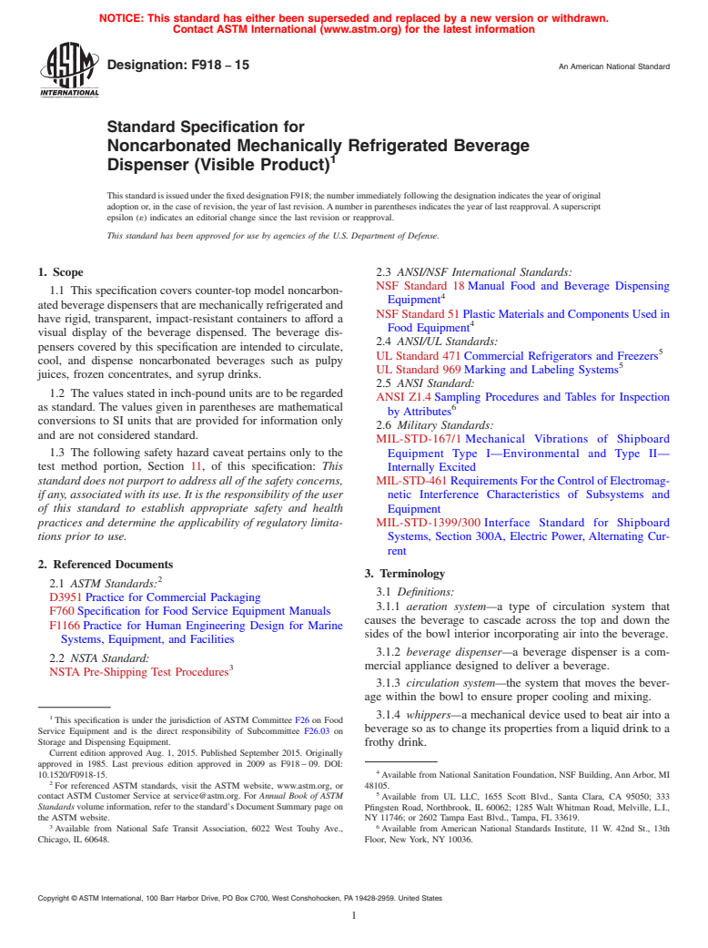 ASTM F918-15 - Standard Specification for Noncarbonated Mechanically Refrigerated Beverage Dispenser  (Visible Product)