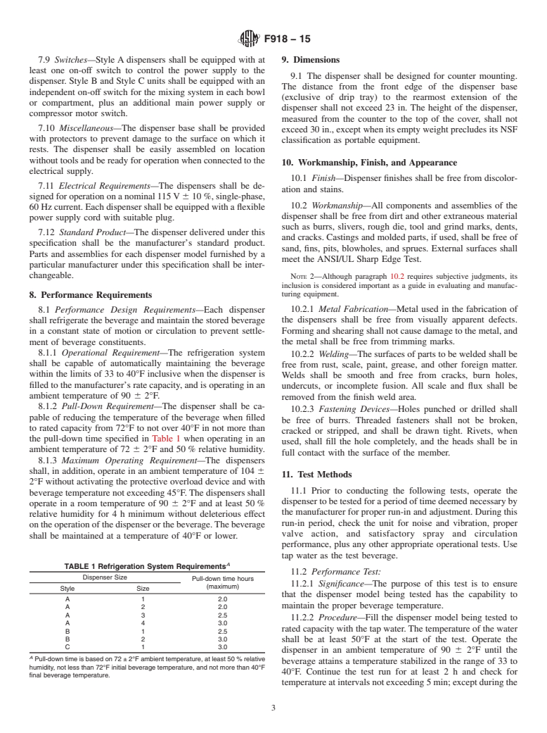 ASTM F918-15 - Standard Specification for Noncarbonated Mechanically Refrigerated Beverage Dispenser  (Visible Product)